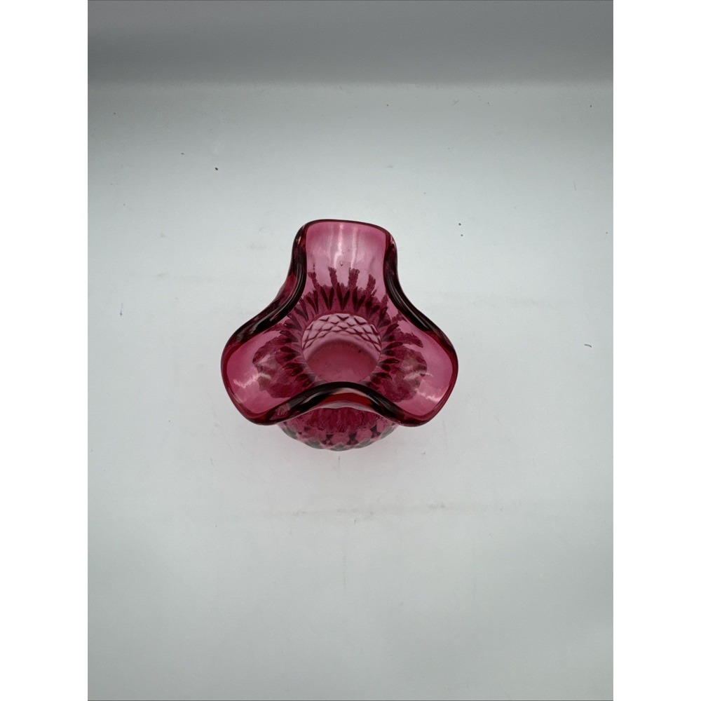 Vintage Hand Blown 8" Cranberry Glass Vase w/ Scalloped Rim & Diamond Pattern - Picture 5 of 14